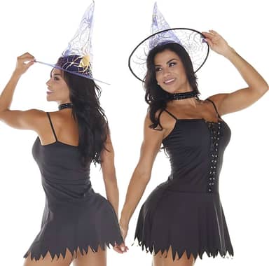 Fantasia Feminina Halloween Bruxa Sexy Com Chapéu Bruxinha Com Vestido Sensual