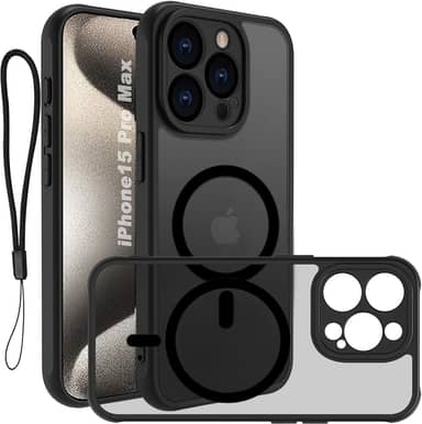 USTIYA Magnética Capa para iPhone 15 Pro Max 6,7 polegadas Case Matte Acrílico Uso Resistente Protetora de Câmera Capinha Acessórios para Celular com Cordão Preto FGCX