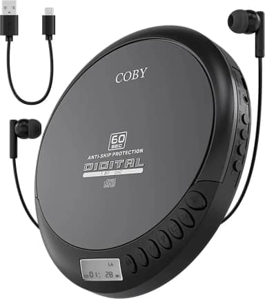 Coby Leitor de Cd Portátil com Fones de Ouvido Estéreo, Rádio Fm, Compatibilidade com Mp3, Display Lcd Discman Portátil | Anti-Salto de 60 Segundos, À Prova de Choque | Alimentado por 2 Pilhas Aa Ou M