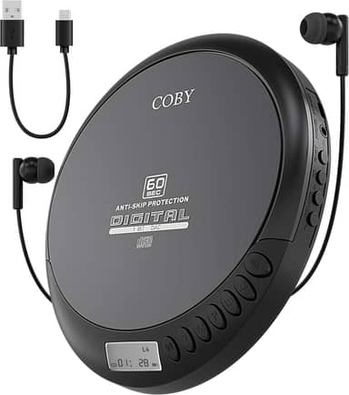 Coby Leitor de Cd Portátil com Fones de Ouvido Estéreo, Rádio Fm, Compatibilidade com Mp3, Display Lcd Discman Portátil | Anti-Salto de 60 Segundos, À Prova de Choque | Alimentado por 2 Pilhas Aa Ou M