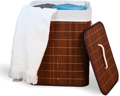 Cesto De Roupa Suja com Alças Em Bambu Com Tampa Forrado Banheiro Lavanderia Quarto