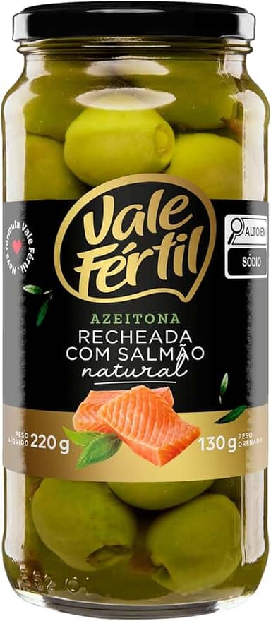 Azeitona Verde em Conserva Recheio Salmão Vale Fértil Vidro 130g