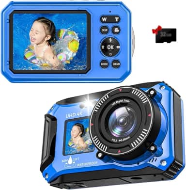 Câmera digital – Câmera subaquática 4K 56MP 33FT UHD para snorkeling com cartão de 32 GB de tela dupla, compacta, à prova d'água, à prova de poeira, câmera flutuante – Câmera digital de foco