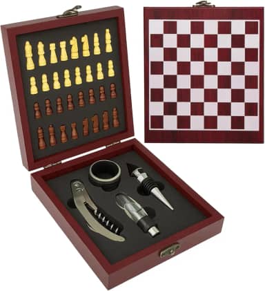 Kit Vinho Completo 4 Peças Com Jogo De Xadrez Em Caixa MDF Presente Elegante Luxo Para Amantes De Vinho E Xadrez
