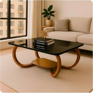 Mesa De Centro Tampo De Vidro Laqueado Base Madeira - Gaia (Preto)