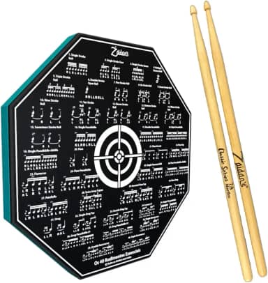 Kit Pad Estudo Bateria Praticável 8 Polegadas Ou 20cm Rudimentos Essenciais + Par de Baquetas Classic Series Zaidan's By Spanking (7A)