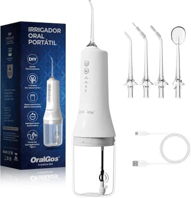 Irrigador Dental Portatil 260ML, 4 Modos de Jato, 4 Bicos, Limpeza Profunda dos Dentes e Gengivas, Elétrico, Recarregável, À Prova d’Água IPX7 (Branco)
