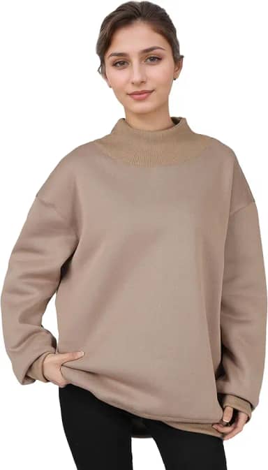 Moletom feminino superdimensionado, moderno, gola rolê, manga comprida, pulôver confortável com design de fenda, moletons com capuz para outono