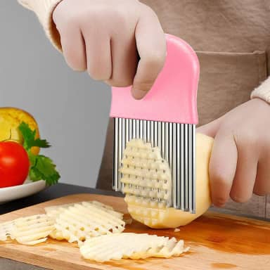 1 cortador de enrugamento, cortador de batatas fritas de aço inoxidável batata cenoura chips vegetais enrugado fatiador ondulado, rosa