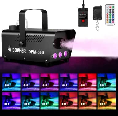 Donner Máquina de neblina DFM-500 500W com luzes LED RGB controláveis, máquina de fumaça DJ com controle remoto sem fio e fio, 13 cores, para festas de Natal de Dia das Bruxas, com Fuse Protect