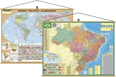 kit com 2 Mapas - 1 Brasil + 1 Mundi Banner Laminado Pronto para Pendurar - Atualizado