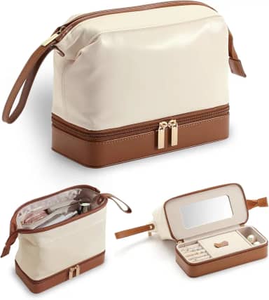 Caixa de joias 2 em 1 e bolsa de maquiagem com espelho – bolsa organizadora de cosméticos versátil para viagem, bolsa de higiene pessoal portátil com estojo de maquiagem integrado para