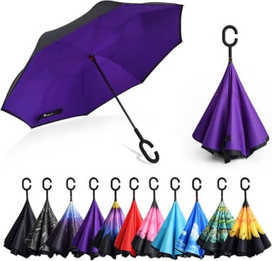 Guarda-chuva invertido à prova de vento de camada dupla com alça em forma de C guarda-chuva reto para carro - loja de fábrica