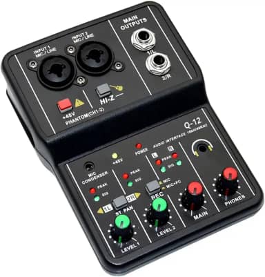 Q-12 Interface de audio,placa de som profissional de canal USB 2.0 DC 5V de alta velocidade, função de monitor para estúdio/gravação musical/jogos/Equipamentos para Gravação Musical