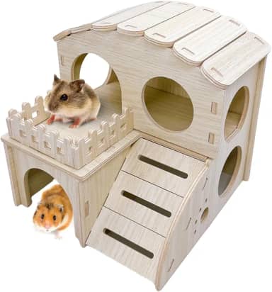 Casa de madeira para hamster esconderijo de madeira labirinto de dois andares com escada de escalada para rato gerbil anão sírio