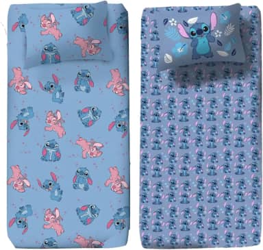 Kit com 2 Jogos de Cama Infantil Lilo & Stitch Disney – Malha, Estampas Stitch Azul e Angel Rosa, Lençol com Elástico, Antialérgico Licenciado