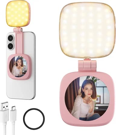 Luz magnética de selfie para telefone: 5 modos de LED com espelho compatível com iPhone e Android - Luz de preenchimento portátil recarregável para fotografia/gravação de vídeo/conferência