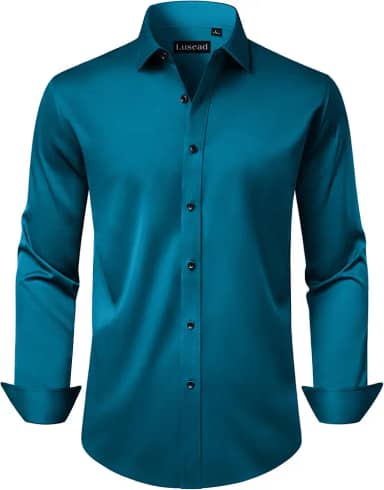 Camisa social masculina de manga comprida, elástica, sem rugas, para casamento, formal, negócios, com botões