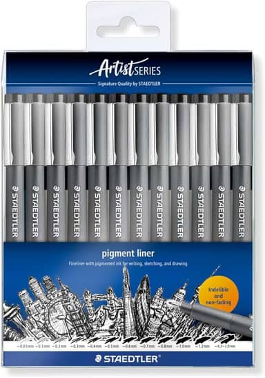 STAEDTLER Caneta Nankin Pigment Liner 12 Unidades Preto - 308-9 TB12 - Pontas Variadas: 0.05, 0.1, 0.2, 0.3, 0.4, 0.5, 0.6, 0.7, 0.8, 1.0, 1.2 e 0.3-2.0mm - Fineliner Permanente com Tinta Pigmentada