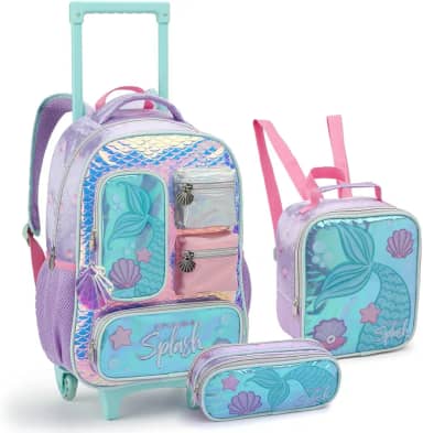 Kit Mochila Rodinha Menina Infantil Sereia Holográfica Luxo