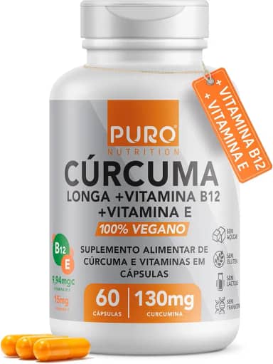 Cúrcuma em Cápsulas Puro Nutrition com Vitamina B12 + Vitamina E, 130mg Cúrcuma Longa por Porção, 60 Cápsulas Suplemento Vegano