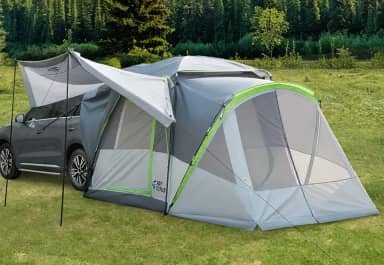 JOYTUTUS Tenda SUV com varanda de tela e toldo para acampamento familiar, 60% mais barraca de carro espacial para 5-9 pessoas, SUV de uso duplo ou acampamento com Rainfly, porta dupla, teto de céu