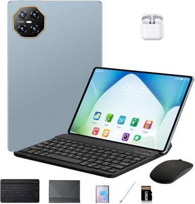 DIVENT-Tablet 3 em 1 com estojo/teclado/mouse/fone de ouvido, 10,1 polegadas, Android 14, 16GB de RAM + 512GB de ROM, câmera de 16MP + 32MP, GPS, Bluetooth, bateria de 8800 mAh, Dual-SIM (Azul)
