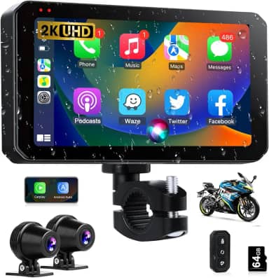 Carplay para motocicleta com câmera veicular 2K à prova d'água para Apple Carplay e tela automotiva Android de 5,5 polegadas sem fio com navegação GPS/Dual BT/Siri, controle de voz do Google, controle