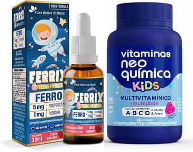 Kit Nutrição Infantil Completa – Ferrix Ferro Infantil 30 ml + Vitamina Kids Neo Química 60 Cápsulas – Suporte ao Crescimento e Imunidade – Sabor Morango