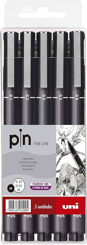 Caneta Técnica Pin Fine Line, Uni-Ball, Preta, Estojo c/5 unidades (0.1, 0.2, 0.3, 0.5 e 0.8 mm)