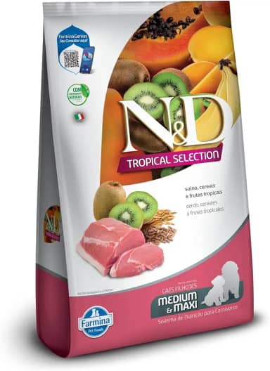 N&D Tropical para Cães Filhotes de Raças Médias e Grandes Sabor Suíno, Cereais e Frutas Tropicais 12Kg