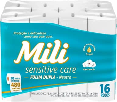 Papel Higiênico Mili Sensitive Care Folha Dupla - 16 Rolos de 30m - Supermacio, Neutro e Dermatologicamente Testado - Cuidado para Peles Sensíveis