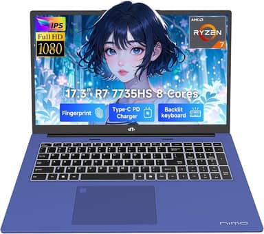 NIMO 17.3" Business-Laptop, Ryzen 7 7735HS (8C/16T), 32GB RAM 2TB NVMe SSD, Radeon 680M for Light Gaming, PD 100W Type-C WiFi-6E BT5.2 Fingerprint Unlock Backlit Keyboard for Working & Student