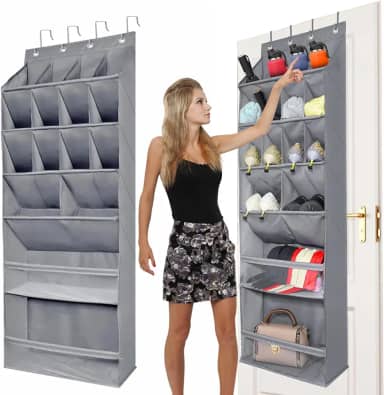 Organizador de sapatos sobre a porta com bolsos grandes e profundos，Sapateira para Porta Estreita, Suporte para Sapatos Multifunções para Porta de Armário de Dormitório, 16 Bolsos Cinza