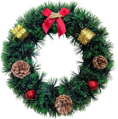 Guirlanda de Natal Verde com Pinhas, Bolas Vermelhas e Laço “Merry Christmas” – Enfeite Natalino Clássico para Porta e Janela – Decoração Tradicional para Entrada da Casa (30cm)