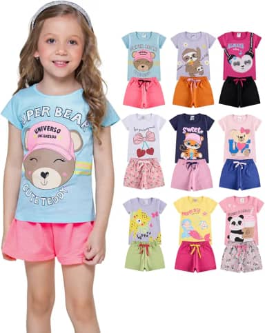 Kit Sortido 10 Peças de Roupa Curta Infantil Menina - 5 Conjuntos Curto Verão Feminino Bebê