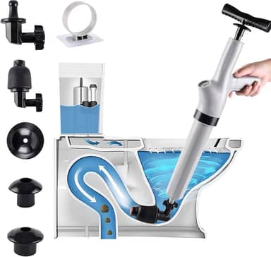 Desentupidor de canhão de vaso sanitário 9 em 1, êmbolo de pressão de ar pneumático, êmbolo de drenagem de alta pressão com 9 cabeças de montagem destacáveis para vaso sanitário entupido,