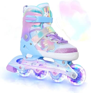 Patins Infantil Cano Alto, 8 Rodas Iluminadas com LED e 4 Tamanhos Ajustáveis, Patins Quad com Bolsa de Armazenamento, patins de fileira dupla para meninas