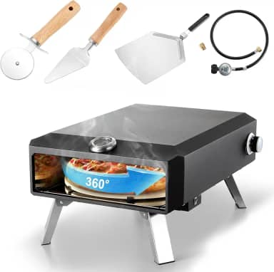 HSDYGDE Forno De Pizza A Gás Para Área Externa – 16' Com Termômetro Integrado, Elétrico Pedra Giratório Automático 360°, Mangueira E Regulador, Bancada,