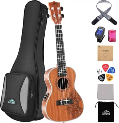 EASTROCK Ukulele de concerto Ukelele Sapele para iniciantes Equalizador Elétrico Embutido Kit de Embalagem Grande de 58 cm. Ukulele Ukalalee Adequado para adultos, iniciantes. (23-Sapele-EQ)
