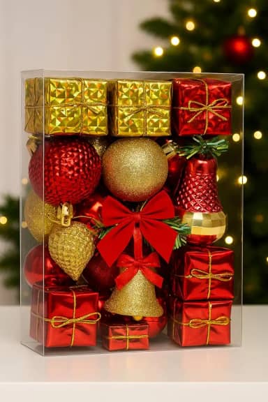 Kit de Enfeites de Natal 60 Enfeites + Pisca LED – Bolas, Caixinhas, Laços e Sinos - SHACK