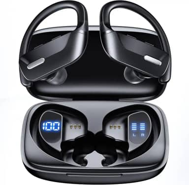 Hrich Fone de Ouvido Bluetooth, Fones de Ouvido Sem Fio Bluetooth 100H Play, Fones de Ouvido Traseiros à Prova d'água, com Microfone, Display LED, para Exercícios de Corrida Esportiva