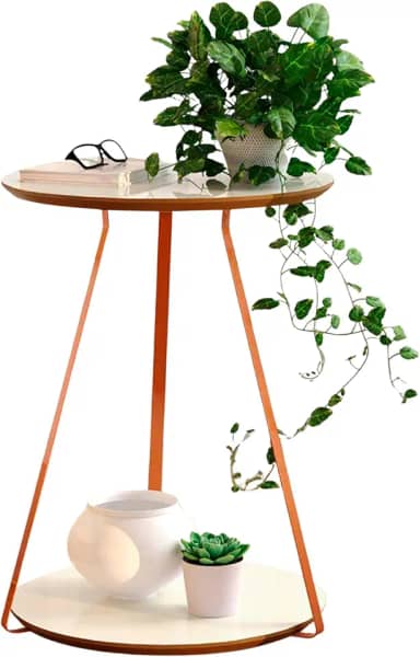 Mesinha Lateral Canto Apoio Decorativa Redonda Sofia Pés Ferro (Off White Freijó)