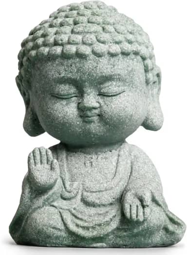 Estátua de Buda pequena – decoração de jardim zen, estatueta de Buda bebê feliz, arenito cinza, 9,9 cm para ambientes internos e externos, decoração de escritório em casa budista