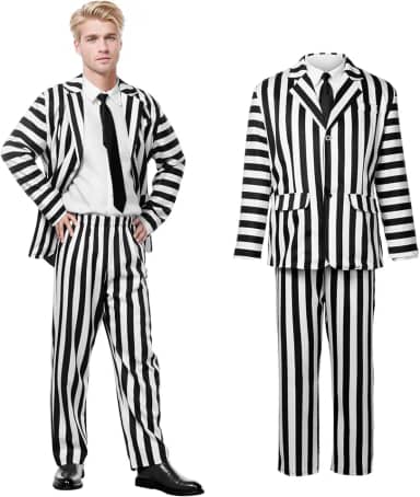 DreamJ Terno listrado preto e branco, fantasias assustadoras para casais de Halloween para mulheres, homens, filmes de terror