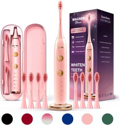 Wagner Stern WHITEN+ Edition. Escova de dentes elétrica branqueadora com sensor de pressão. Oferece 5 modos de escovação, 3 intensidades, 8 cabeças de escova macias e um estojo de viagem de luxo.