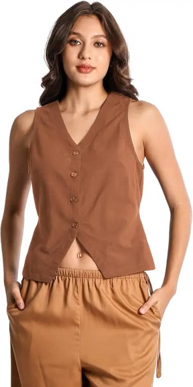 Colete feminino de linho, algodão, amarrado na cintura, gola V, sem mangas, com botões