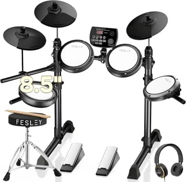 Fesley FED150W Conjunto de Bateria Elétrica: Conjunto de Bateria Eletrônica com 4 Almofadas Bateria Silenciosas para Iniciantes, Caixa Zona Dupla, Conjunto de Bateria com Função Bluetooth e Midi