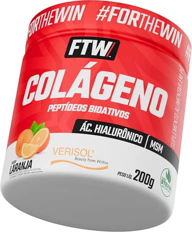 FTW Colágeno Hidrolisado Verisol em Pó 200g, Suplemento com Ácido Hialurônico, MSM, Zinco, Selênio e Cromo – Saúde da Pele, Cabelos e Unhas, Adoçado com Stevia, Sem Glúten (Sabor Laranja)
