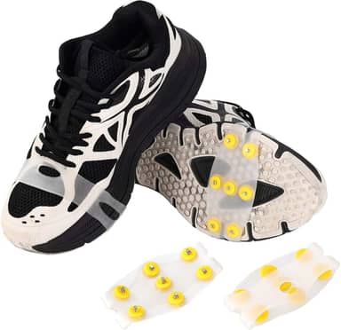 2 Conjunto de Grampões Gelo para Sapatos e Botas, Crampons Antiderrapantes com 7 Pontas de Aço Aderência para Caminhadas na Neve Escalada Corrida e Pesca no Gelo (Branco, Amarelo)